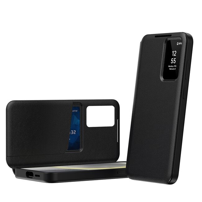 Husa pentru  Samsung Galaxy A56 Smart Window View Tip Carte – Design Premium, Vizualizare Inteligenta, Protectie 360°, Card Slot, Textura Mata Eleganta - Negru