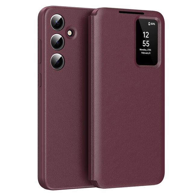 Husa pentru  Samsung Galaxy S24+ Plus Smart Window View Tip Carte – Design Premium, Vizualizare Inteligenta, Protectie 360°, Card Slot, Textura Mata Eleganta - Bordeaux