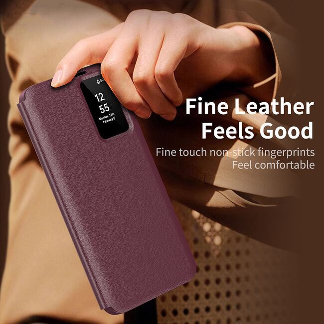 Husa pentru  Samsung Galaxy S24+ Plus Smart Window View Tip Carte – Design Premium, Vizualizare Inteligenta, Protectie 360°, Card Slot, Textura Mata Eleganta - Bordeaux