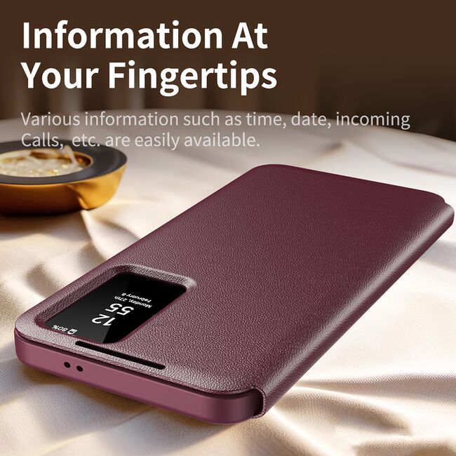Husa pentru  Samsung Galaxy S24+ Plus Smart Window View Tip Carte – Design Premium, Vizualizare Inteligenta, Protectie 360°, Card Slot, Textura Mata Eleganta - Bordeaux