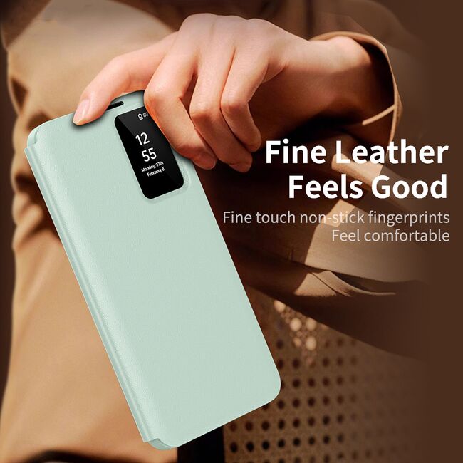Husa pentru  Samsung Galaxy S24+ Plus Smart Window View Tip Carte – Design Premium, Vizualizare Inteligenta, Protectie 360°, Card Slot, Textura Mata Eleganta - Verde