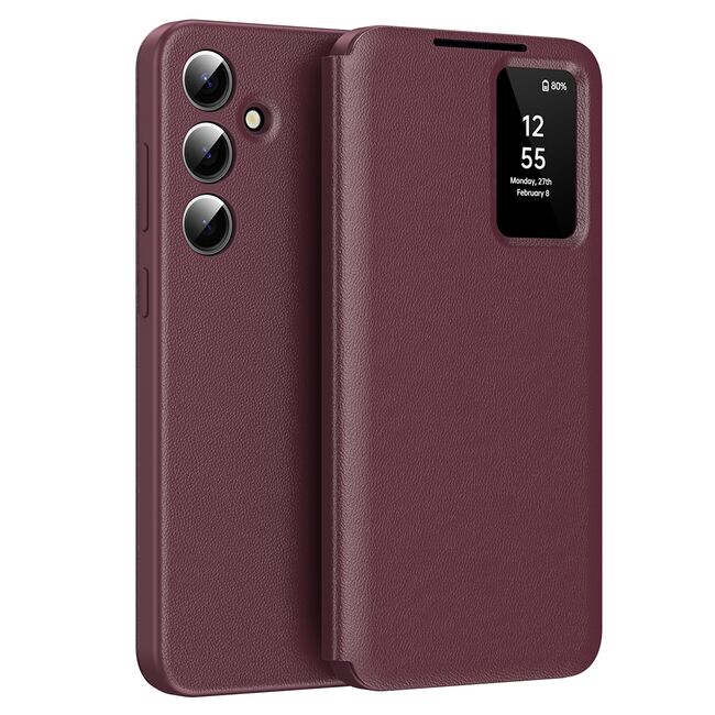 Husa pentru  Samsung Galaxy S24 FE Smart Window View Tip Carte – Design Premium, Vizualizare Inteligenta, Protectie 360°, Card Slot, Textura Mata Eleganta - Bordeaux