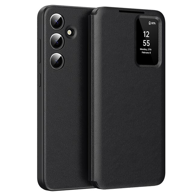 Husa pentru  Samsung Galaxy S24 FE Smart Window View Tip Carte – Design Premium, Vizualizare Inteligenta, Protectie 360°, Card Slot, Textura Mata Eleganta - Negru