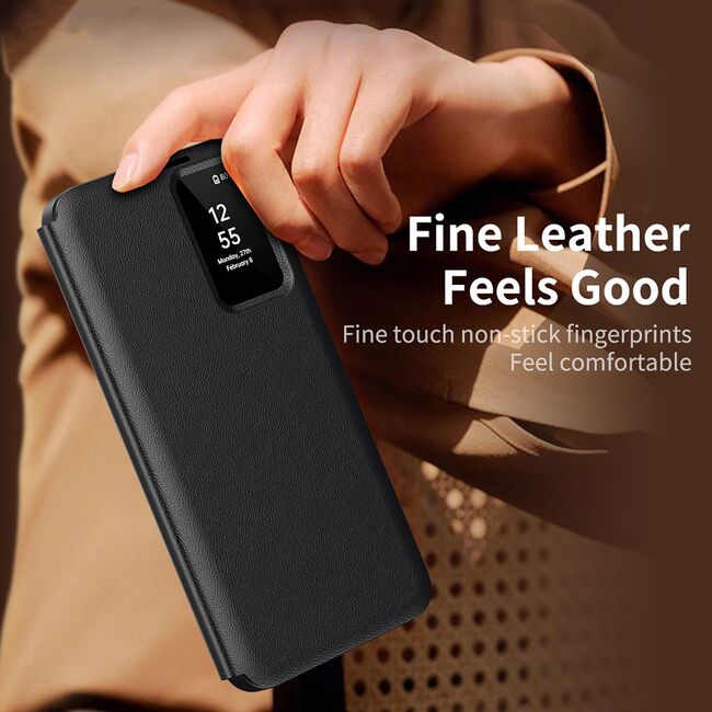 Husa pentru  Samsung Galaxy S24 FE Smart Window View Tip Carte – Design Premium, Vizualizare Inteligenta, Protectie 360°, Card Slot, Textura Mata Eleganta - Negru
