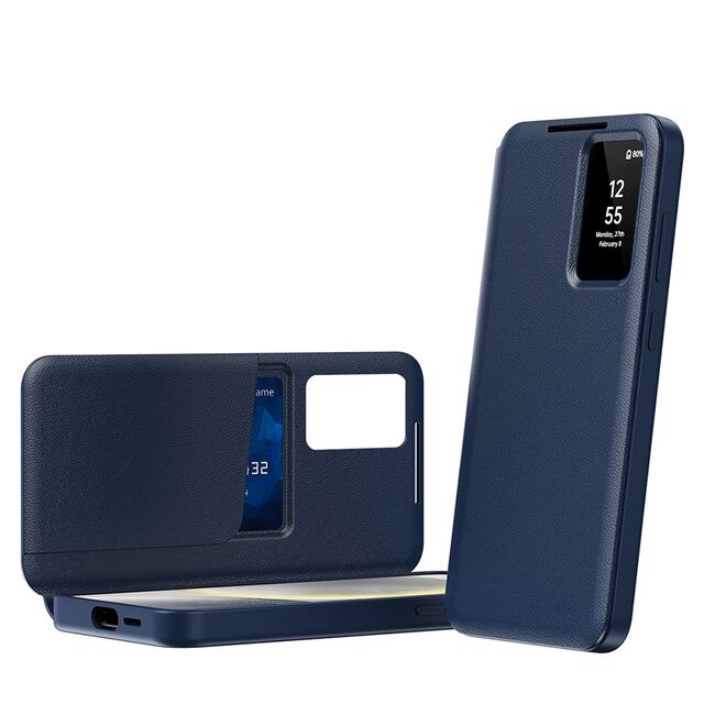 Husa pentru  Samsung Galaxy S24 Smart Window View Tip Carte – Design Premium, Vizualizare Inteligenta, Protectie 360°, Card Slot, Textura Mata Eleganta - Albastru