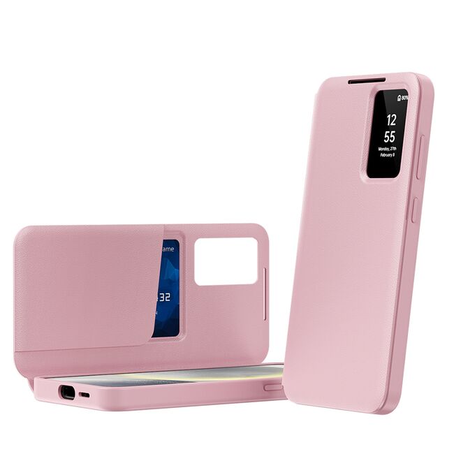 Husa pentru  Samsung Galaxy S24 Smart Window View Tip Carte – Design Premium, Vizualizare Inteligenta, Protectie 360°, Card Slot, Textura Mata Eleganta - Roz
