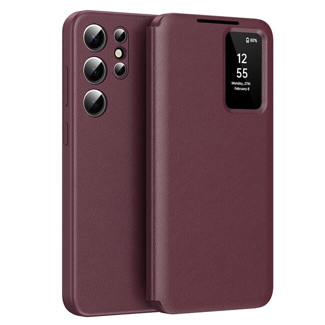 Husa pentru  Samsung Galaxy S24 Ultra Smart Window View Tip Carte – Design Premium, Vizualizare Inteligenta, Protectie 360°, Card Slot, Textura Mata Eleganta - Bordeaux