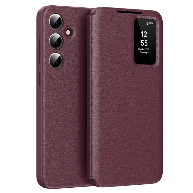 Husa pentru  Samsung Galaxy S25+ Smart Window View Tip Carte – Design Premium, Vizualizare Inteligenta, Protectie 360°, Card Slot, Textura Mata Eleganta - Bordeaux