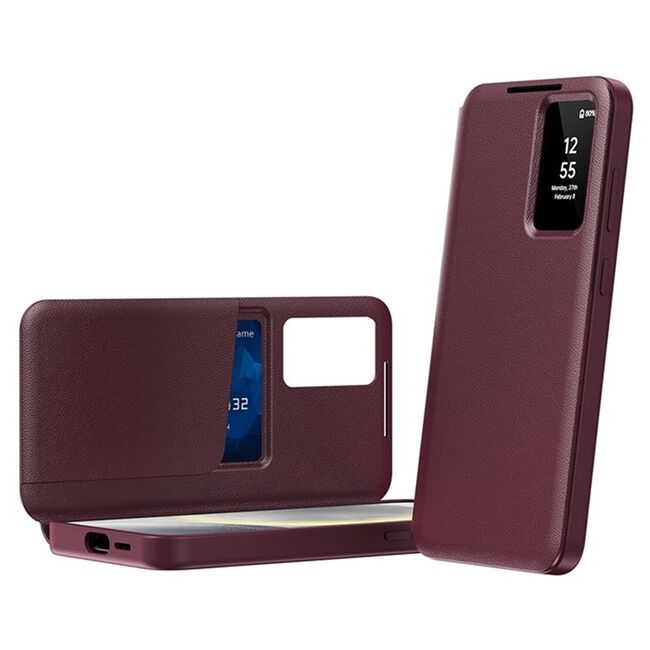 Husa pentru  Samsung Galaxy S25 Ultra Smart Window View Tip Carte – Design Premium, Vizualizare Inteligenta, Protectie 360°, Card Slot, Textura Mata Eleganta - Bordeaux