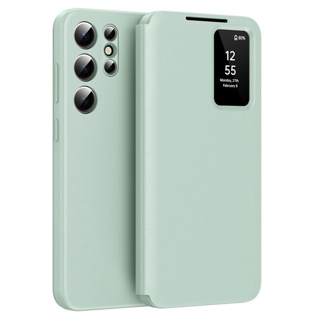 Husa pentru  Samsung Galaxy S25 Ultra Smart Window View Tip Carte – Design Premium, Vizualizare Inteligenta, Protectie 360°, Card Slot, Textura Mata Eleganta - Verde