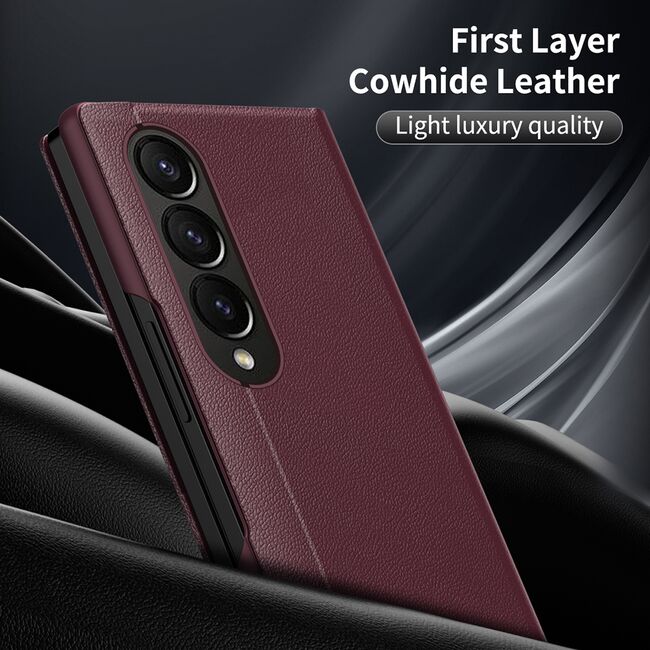 Husa pentru  Samsung Galaxy Z Fold 3 Smart Window View Tip Carte – Design Premium, Vizualizare Inteligenta, Protectie 360°, Card Slot, Textura Mata Eleganta - Bordeaux