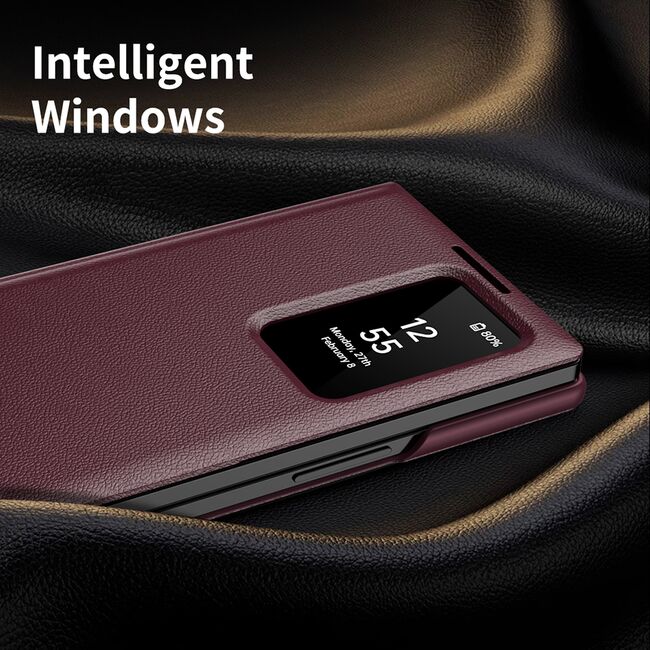 Husa pentru  Samsung Galaxy Z Fold 3 Smart Window View Tip Carte – Design Premium, Vizualizare Inteligenta, Protectie 360°, Card Slot, Textura Mata Eleganta - Bordeaux