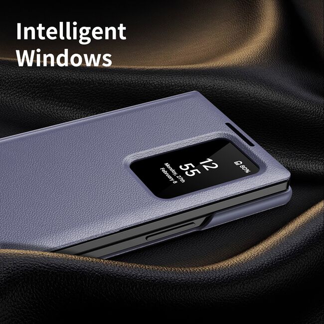 Husa pentru  Samsung Galaxy Z Fold 3 Smart Window View Tip Carte – Design Premium, Vizualizare Inteligenta, Protectie 360°, Card Slot, Textura Mata Eleganta - Mov
