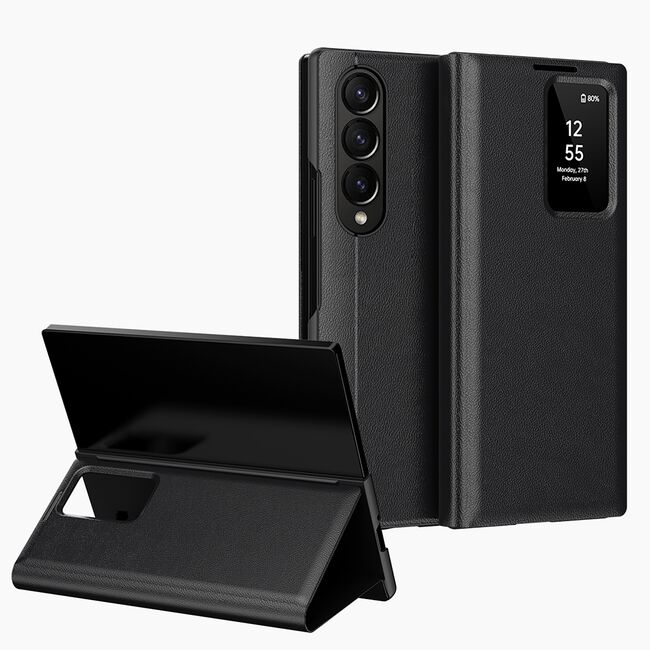Husa pentru  Samsung Galaxy Z Fold 3 Smart Window View Tip Carte – Design Premium, Vizualizare Inteligenta, Protectie 360°, Card Slot, Textura Mata Eleganta - Negru