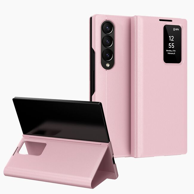 Husa pentru  Samsung Galaxy Z Fold 3 Smart Window View Tip Carte – Design Premium, Vizualizare Inteligenta, Protectie 360°, Card Slot, Textura Mata Eleganta - Roz