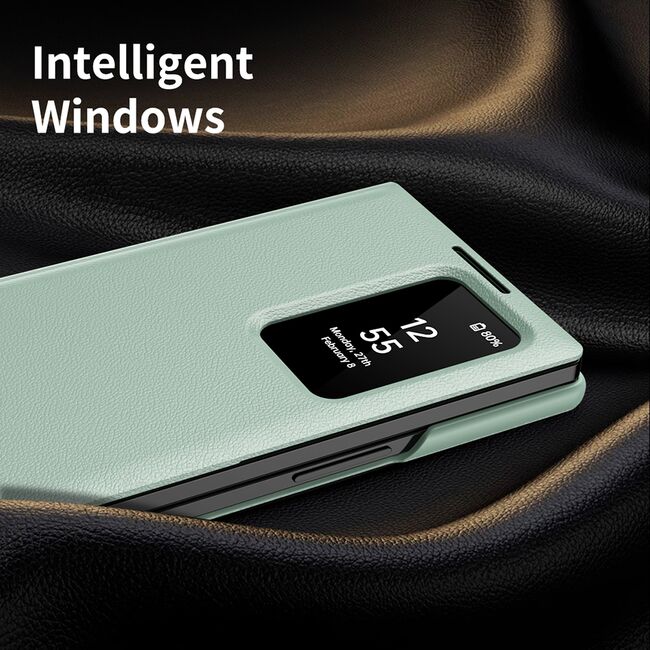 Husa pentru  Samsung Galaxy Z Fold 3 Smart Window View Tip Carte – Design Premium, Vizualizare Inteligenta, Protectie 360°, Card Slot, Textura Mata Eleganta - Verde