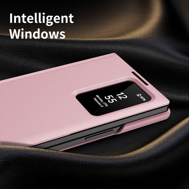 Husa pentru  Samsung Galaxy Z Fold 4 Smart Window View Tip Carte – Design Premium, Vizualizare Inteligenta, Protectie 360°, Card Slot, Textura Mata Eleganta - Roz