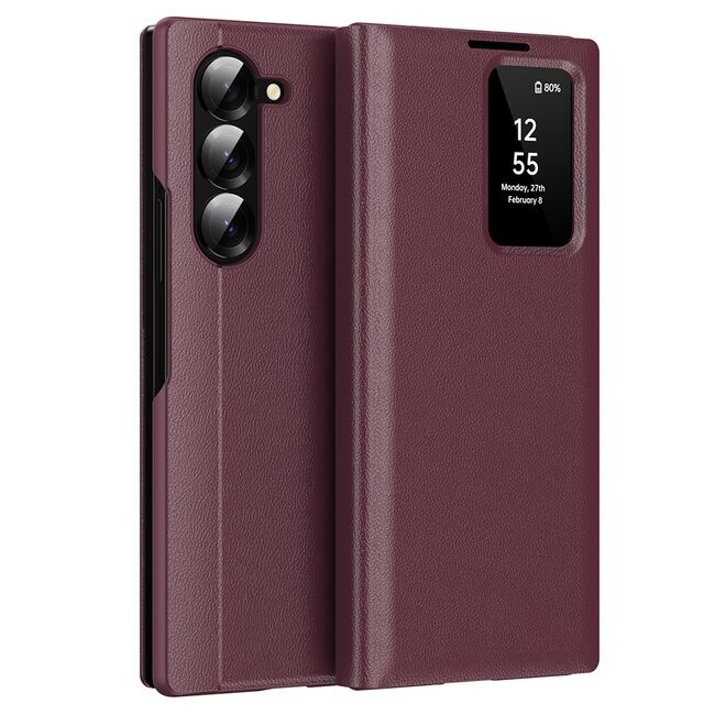 Husa pentru  Samsung Galaxy Z Fold 6 Smart Window View Tip Carte – Design Premium, Vizualizare Inteligenta, Protectie 360°, Card Slot, Textura Mata Eleganta - Bordeaux