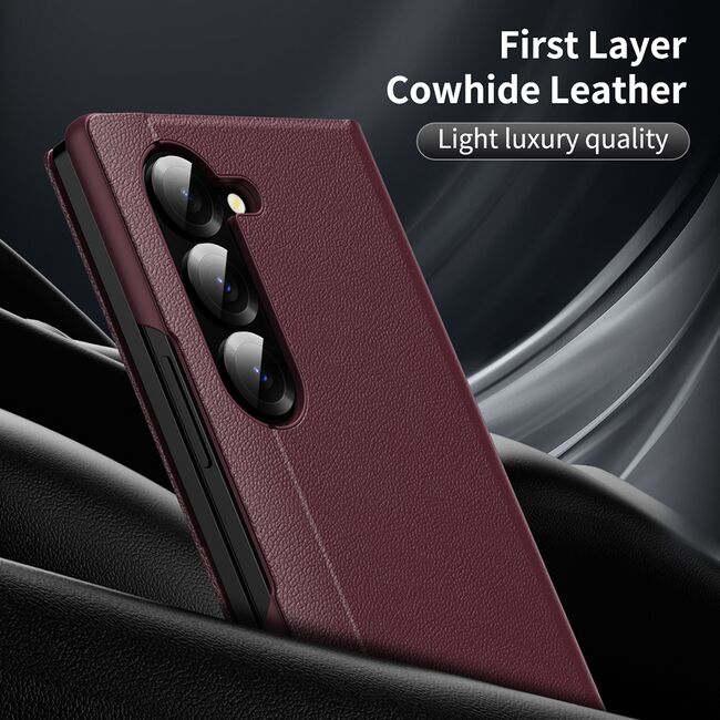 Husa pentru  Samsung Galaxy Z Fold 6 Smart Window View Tip Carte – Design Premium, Vizualizare Inteligenta, Protectie 360°, Card Slot, Textura Mata Eleganta - Bordeaux