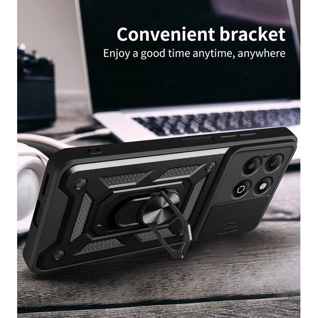 Husa pentru  Honor X6c Ring Armor Kickstand Tough Rugged Cover cu protectie camera, Negru