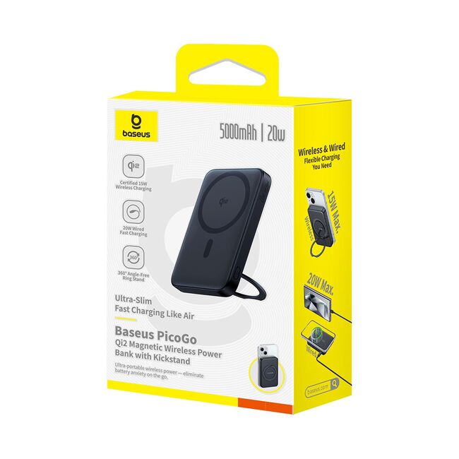 Acumulator Extern Type-C, Qi2, 20W, 5000mAh, with Cable Type-C - Baseus PicoGo - Negru
