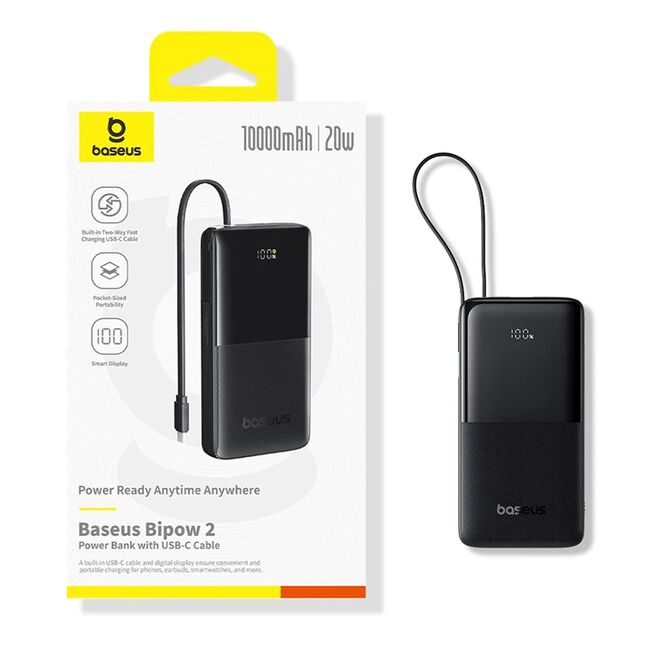Baterie externa 10000mAh, 20W, Cablu Incorporat Type-C - Baseus Bipow 2 - Alb