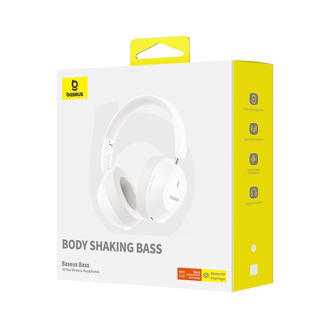 Casti Over-Ear, Sound Isolation, Bletooth 5.3, Foldable, Bass 30 Max, Type-C - Baseus Bass 30 Max - Moon White