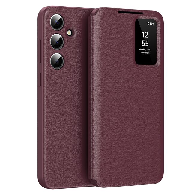 Husa pentru  Samsung Galaxy A55 Smart Window View Tip Carte – Design Premium, Vizualizare Inteligenta, Protectie 360°, Card Slot, Textura Mata Eleganta - Bordeaux