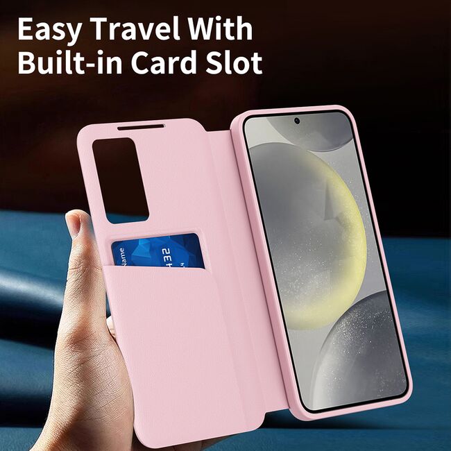 Husa pentru  Samsung Galaxy S22 5G Smart Window View Tip Carte – Design Premium, Vizualizare Inteligenta, Protectie 360°, Card Slot, Textura Mata Eleganta - Roz