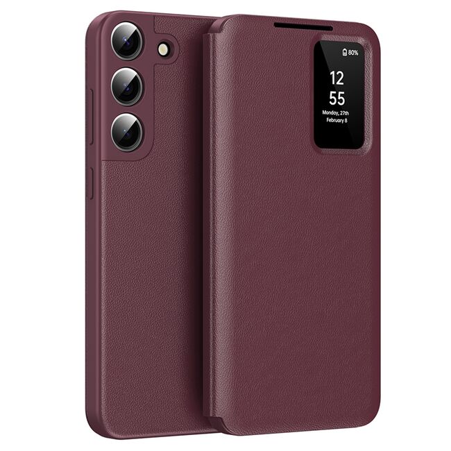 Husa pentru  Samsung Galaxy S22 Plus 5G Smart Window View Tip Carte – Design Premium, Vizualizare Inteligenta, Protectie 360°, Card Slot, Textura Mata Eleganta - Bordeaux