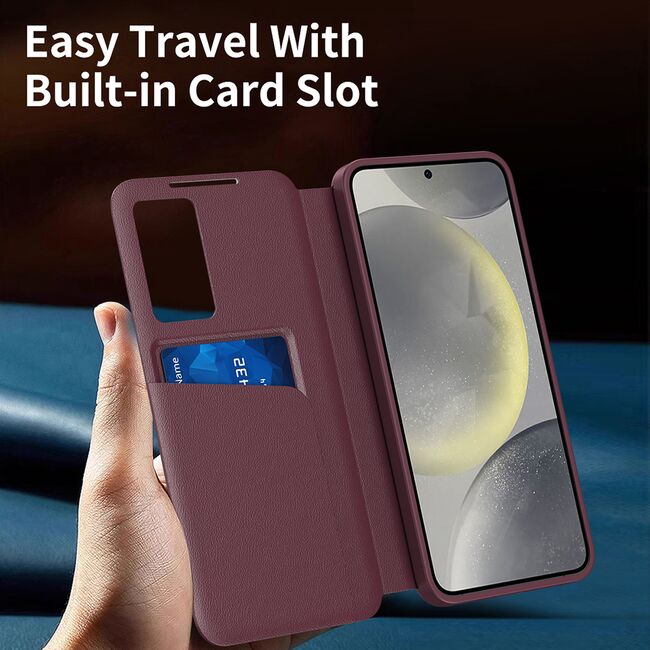 Husa pentru  Samsung Galaxy S22 Ultra 5G Smart Window View Tip Carte – Design Premium, Vizualizare Inteligenta, Protectie 360°, Card Slot, Textura Mata Eleganta - Bordeaux