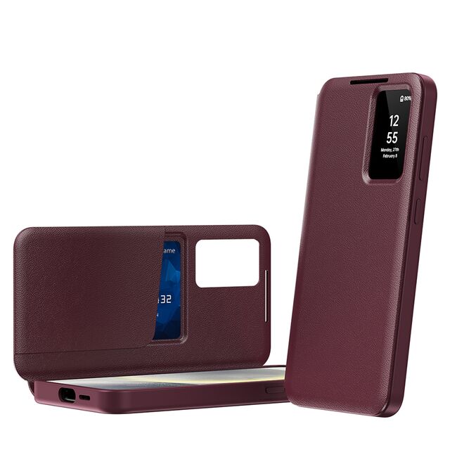 Husa pentru  Samsung Galaxy S23 Plus  Smart Window View Tip Carte – Design Premium, Vizualizare Inteligenta, Protectie 360°, Card Slot, Textura Mata Eleganta - Bordeaux