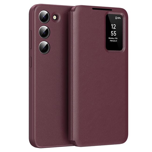 Husa pentru  Samsung Galaxy S23 Smart Window View Tip Carte – Design Premium, Vizualizare Inteligenta, Protectie 360°, Card Slot, Textura Mata Eleganta - Bodeaux