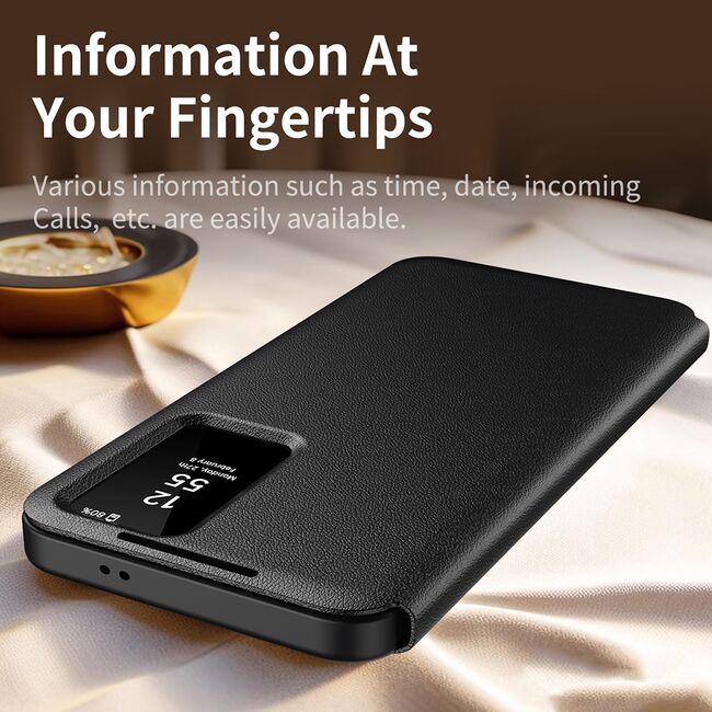 Husa pentru  Samsung Galaxy S23 Smart Window View Tip Carte – Design Premium, Vizualizare Inteligenta, Protectie 360°, Card Slot, Textura Mata Eleganta - Negru