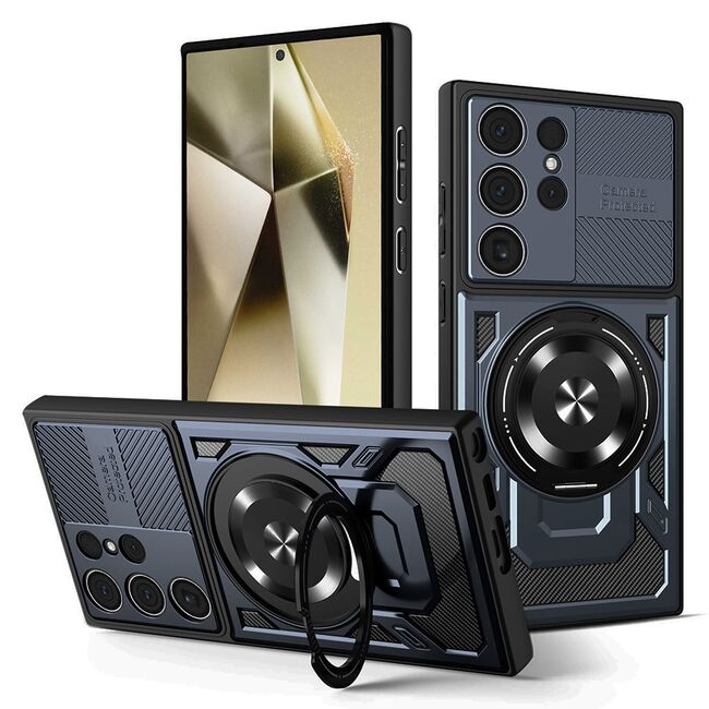 Husa pentru  Samsung Galaxy S24 Ultra TitanX HaloStand Pro cu Inel Pivotant Magnetic 360° & Kickstand, Textura Carbon, protectie lentile - Albastru