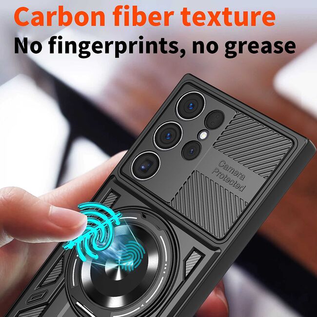 Husa pentru  Samsung Galaxy S24 Ultra TitanX HaloStand Pro cu Inel Pivotant Magnetic 360° & Kickstand, Textura Carbon, protectie lentile - Albastru