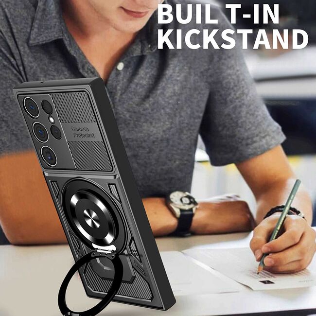Husa pentru  Samsung Galaxy S24 Ultra TitanX HaloStand Pro cu Inel Pivotant Magnetic 360° & Kickstand, Textura Carbon, protectie lentile - Albastru