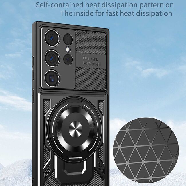Husa pentru  Samsung Galaxy S24 Ultra TitanX HaloStand Pro cu Inel Pivotant Magnetic 360° & Kickstand, Textura Carbon, protectie lentile - Albastru