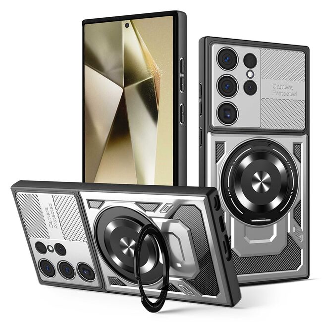 Husa pentru  Samsung Galaxy S24 Ultra TitanX HaloStand Pro cu Inel Pivotant Magnetic 360° & Kickstand, Textura Carbon, protectie lentile - Gri