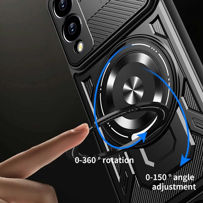 Husa pentru  Samsung Galaxy S25 Edge TitanX HaloStand Pro cu Inel Pivotant Magnetic 360° & Kickstand, Textura Carbon, protectie lentile - Gri
