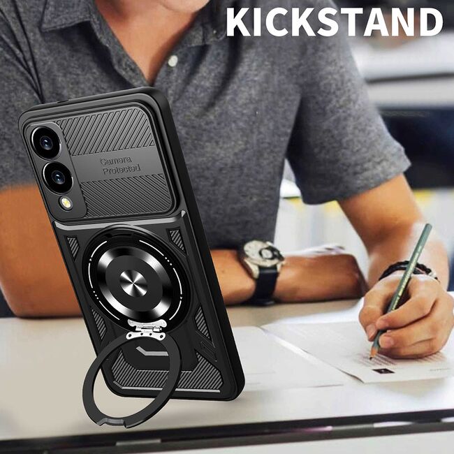 Husa pentru  Samsung Galaxy S25 Edge TitanX HaloStand Pro cu Inel Pivotant Magnetic 360° & Kickstand, Textura Carbon, protectie lentile - Mov