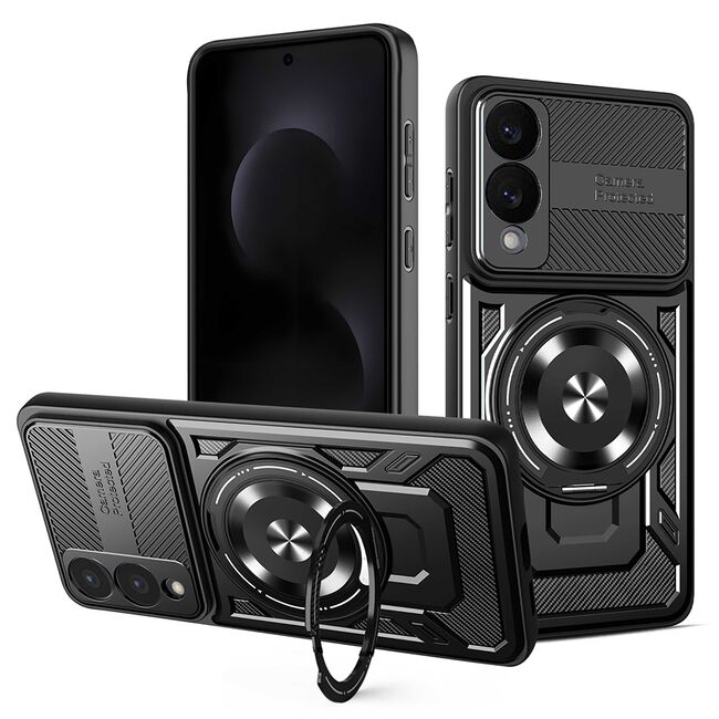 Husa pentru  Samsung Galaxy S25 Edge TitanX HaloStand Pro cu Inel Pivotant Magnetic 360° & Kickstand, Textura Carbon, protectie lentile - Negru