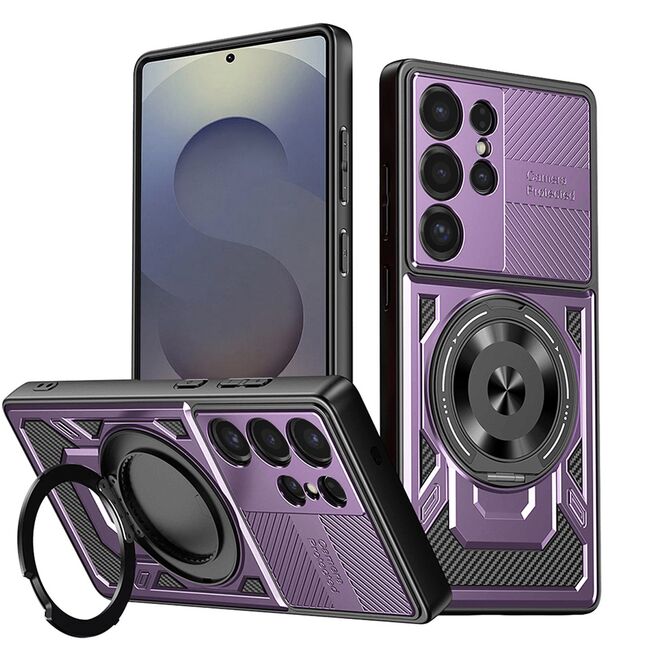 Husa pentru  Samsung Galaxy S25 Ultra TitanX HaloStand Pro cu Inel Pivotant Magnetic 360° & Kickstand, Textura Carbon, protectie lentile - Mov