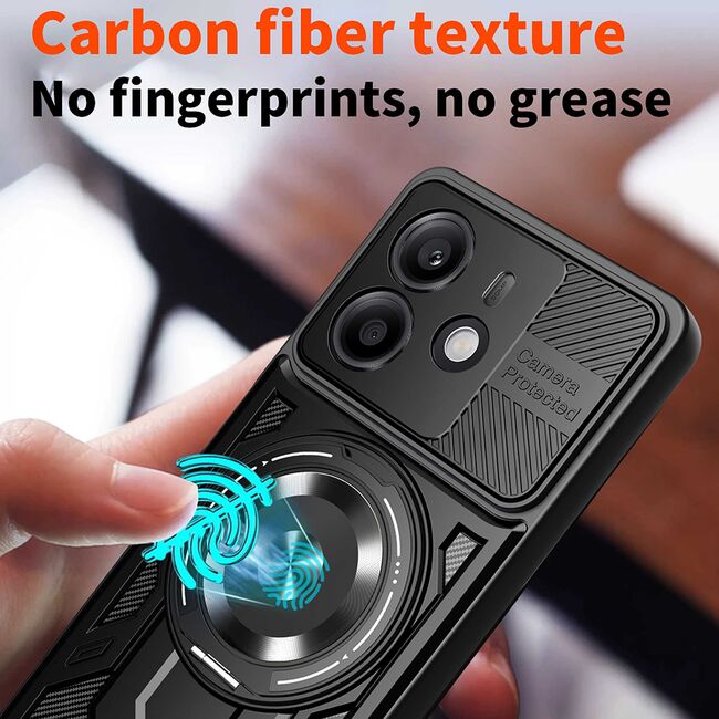 Husa pentru  Xiaomi Redmi Note 14 5G TitanX HaloStand Pro cu Inel Pivotant Magnetic 360° & Kickstand, Textura Carbon, protectie lentile - Mov