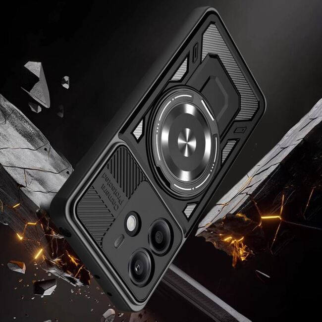 Husa pentru  Xiaomi Redmi Note 14 5G TitanX HaloStand Pro cu Inel Pivotant Magnetic 360° & Kickstand, Textura Carbon, protectie lentile - Mov