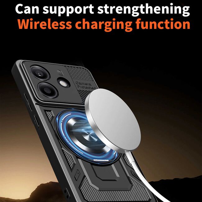 Husa pentru  Xiaomi Redmi Note 14 5G TitanX HaloStand Pro cu Inel Pivotant Magnetic 360° & Kickstand, Textura Carbon, protectie lentile - Mov