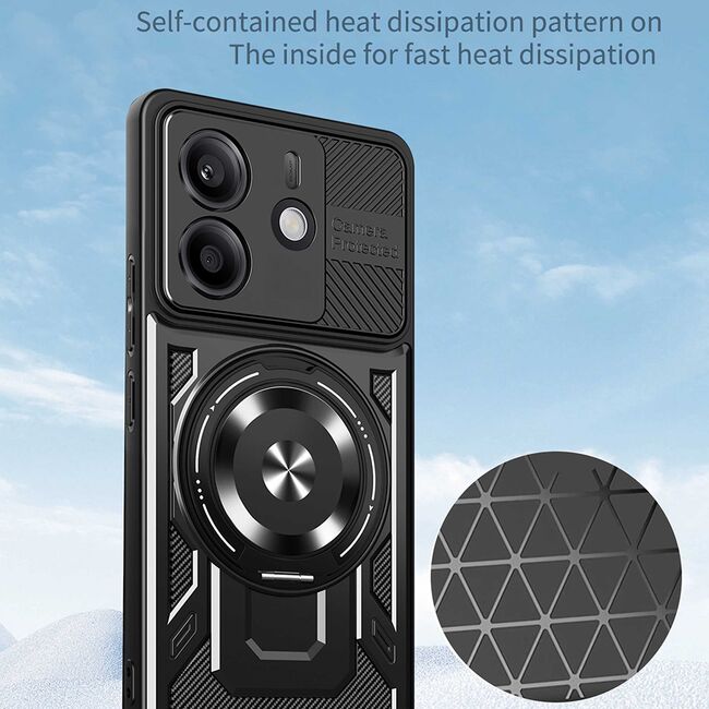 Husa pentru  Xiaomi Redmi Note 14 5G TitanX HaloStand Pro cu Inel Pivotant Magnetic 360° & Kickstand, Textura Carbon, protectie lentile - Mov