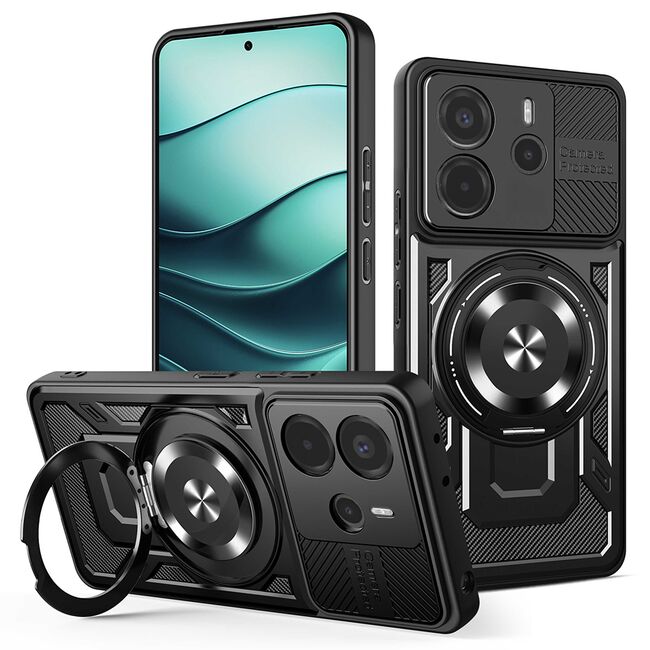 Husa pentru  Xiaomi Redmi Note 14 5G TitanX HaloStand Pro cu Inel Pivotant Magnetic 360° & Kickstand, Textura Carbon, protectie lentile - Negru