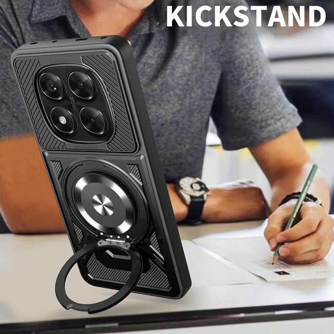 Husa pentru  Xiaomi Redmi Note 14 Pro+ Plus / Note 14 Pro 5G TitanX HaloStand Pro cu Inel Pivotant Magnetic 360° & Kickstand, Textura Carbon, protectie lentile - Mov