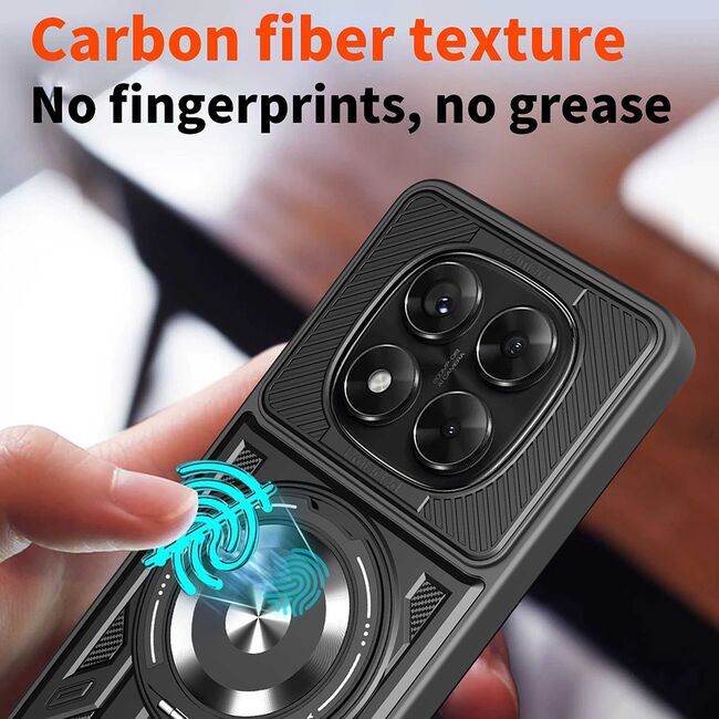 Husa pentru  Xiaomi Redmi Note 14 Pro+ Plus / Note 14 Pro 5G TitanX HaloStand Pro cu Inel Pivotant Magnetic 360° & Kickstand, Textura Carbon, protectie lentile - Negru